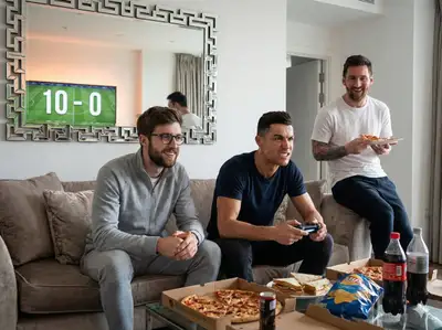 Living room football game scene with celebrity reactions