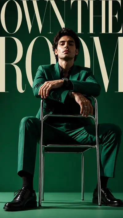 Emerald green suit fashion campaign poster