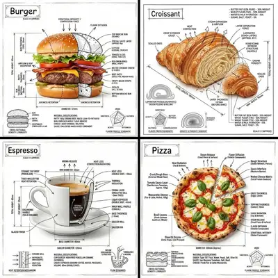 Technical annotation infographic overlay for food photos