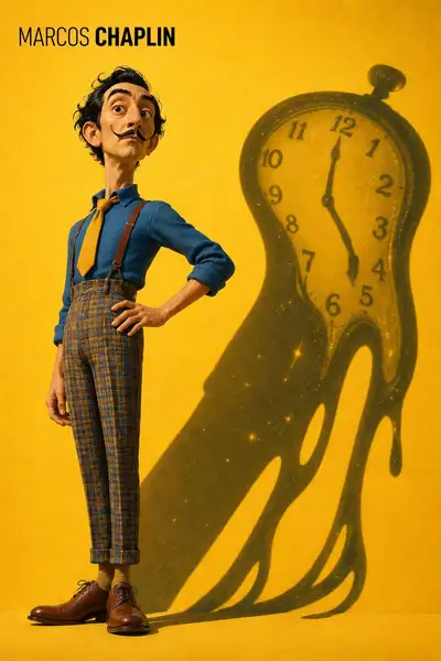 Salvador-Dalí-Charakter im Pixar-Stil mit geschmolzenem Uhrenschatten