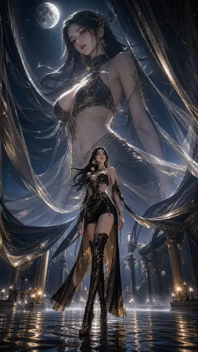 Anime game key visual with a heroine rising in scale behind herself