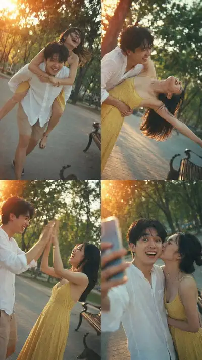 4-panel candid couple photo collage in retro digicam style