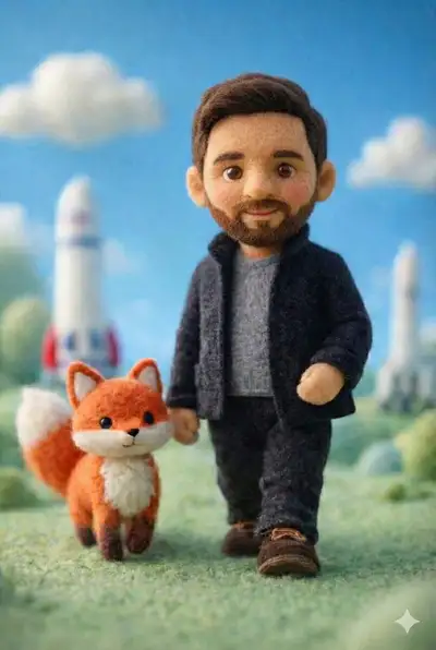 Handcrafted felt miniature scene of a wool doll character and fox