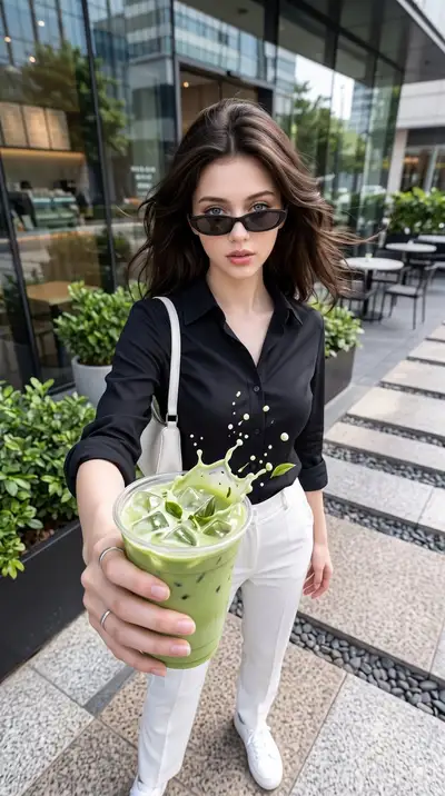 Retrato de moda cinematográfico com um jato voador de matcha gelado