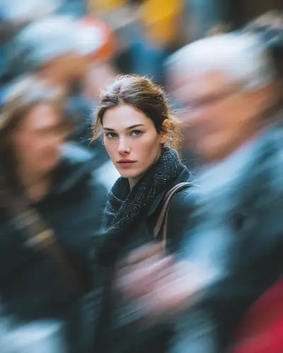 Still subject amid long-exposure crowd motion blur on a city street