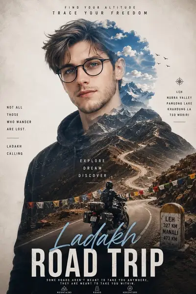 Cinematic Ladakh Travel Poster with Double Exposure