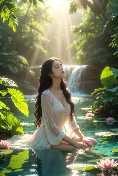 Serene Tropical Forest River Meditation Scene