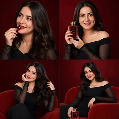 Colagem editorial de 4 painéis para campanha de beleza de luxo a partir de foto de referência