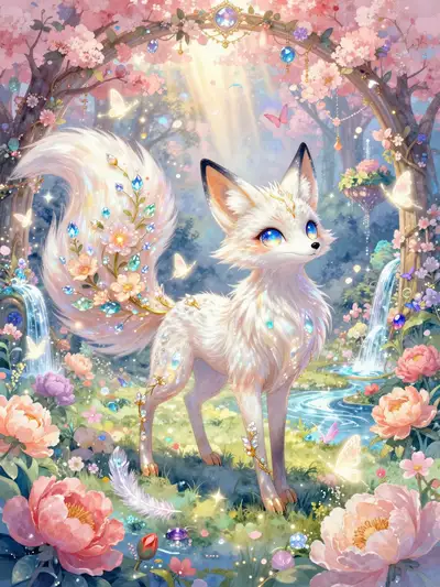 Fantasy illustration of the Bloomtail Lumifox spirit creature