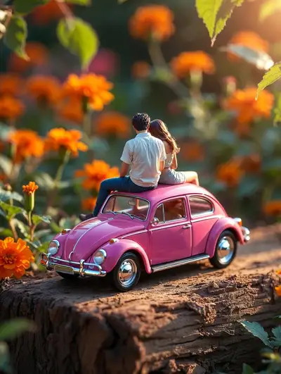 Miniature Romantic Couple on VW Beetle