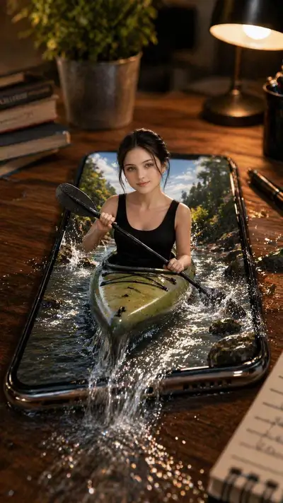 Surreal Cinematic Miniature Scene: Phone to River