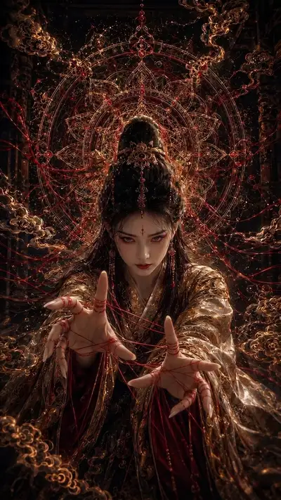 Fate-Weaving Tibetan Mandala Cinematic Portrait