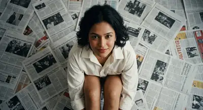 Cinematic Overhead Editorial Portrait with Newspaper Background
