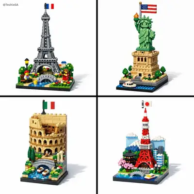 Vertical LEGO diorama of a famous landmark