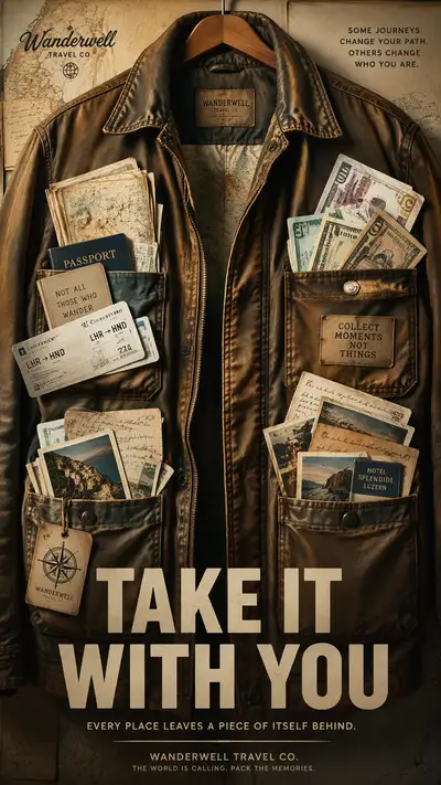 Vintage travel jacket poster: overflowing pockets of memories