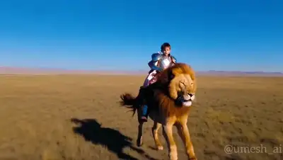 Aerial Shot of Kid on Lion Leading Wildlife Army