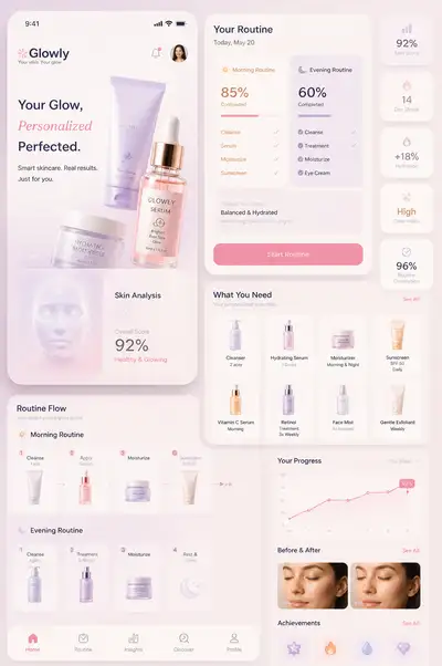 Glowly skincare mobile app UI design