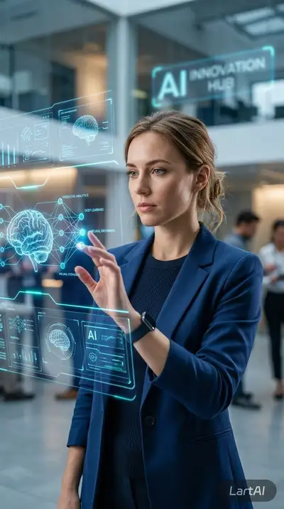 Woman Interacting With Holographic AI Interfaces