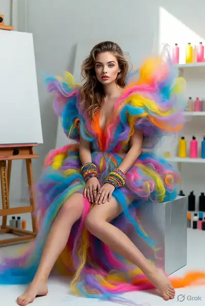 Avant-Garde Rainbow Fiber Dress Fashion Editorial Portrait