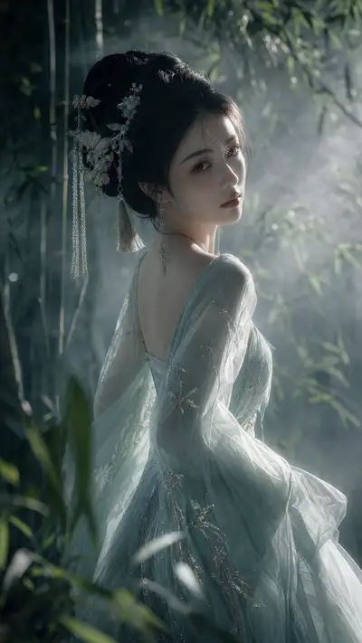 Classical Chinese beauty portrait in misty bamboo forest