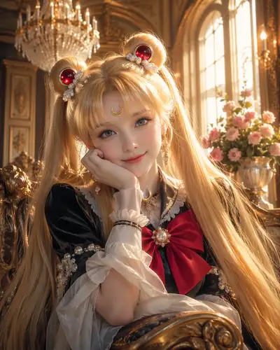 Live-action Sailor Moon style CG portrait on a golden throne