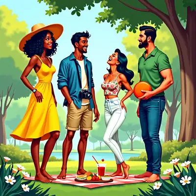 1950s Comic Illustration of Diverse Friends in Park