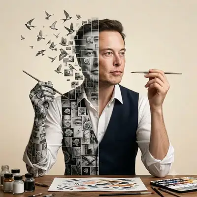 Geteiltes konzeptionelles Porträt eines Mannes, der sich in Vögel und Mosaikkunst auflöst