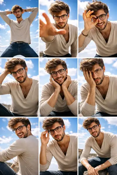 3x3 grid lookbook of dynamic poses against a sky backdrop