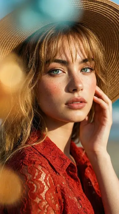 Ultra-realistic portrait of woman in straw hat and red lace dress