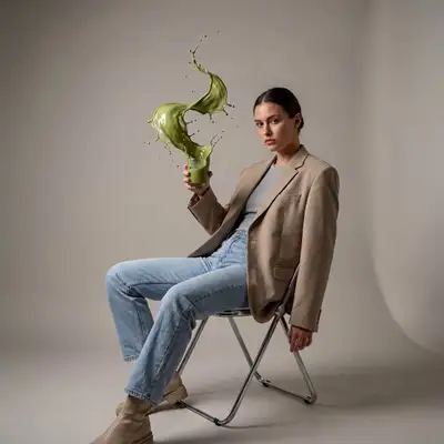 Kinematografische Luxusmode-Anzeige mit gefrorenem Matcha-Spritzer