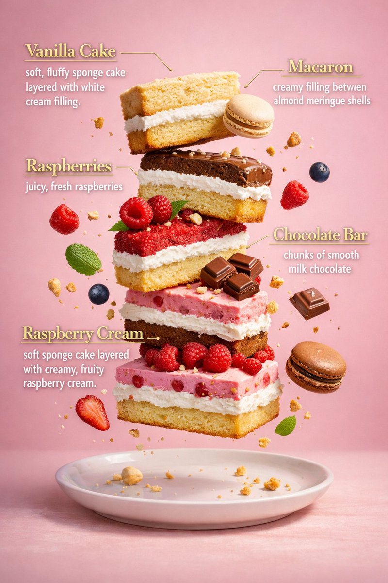Cake and Macaron Dessert Infographic, JSON Prompt