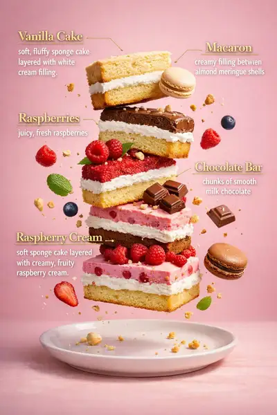 Cake and Macaron Dessert Infographic, JSON Prompt