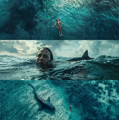 Storyboard de Cinemática de Tiburón en el Océano - Prompts