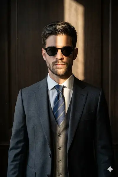 Formal office portrait with a vertical light beam across the face
