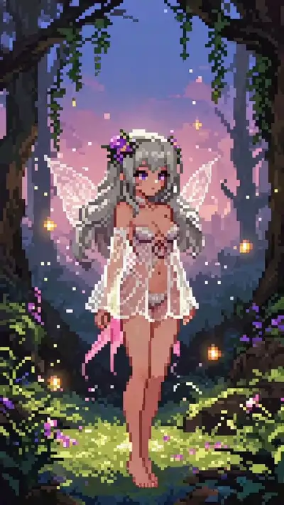 8-Bit-Pixelart-Fee in einem leuchtenden, moosigen Wald, Bild plus Loop-Animation