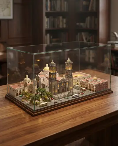 Prompt de diorama de ciudad en miniatura dentro de una vitrina de vidrio