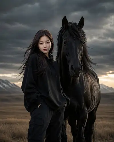 Cinematic Portrait: Woman and Black Horse in Stormy Grassland