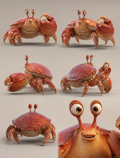 Tropical island crab 3D character reference sheet prompt
