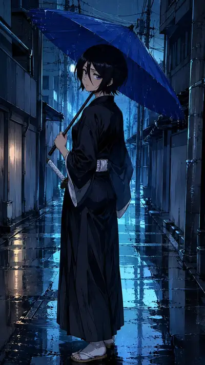 BLEACH Female Character in Rainy Alley - Ink Sketch Style