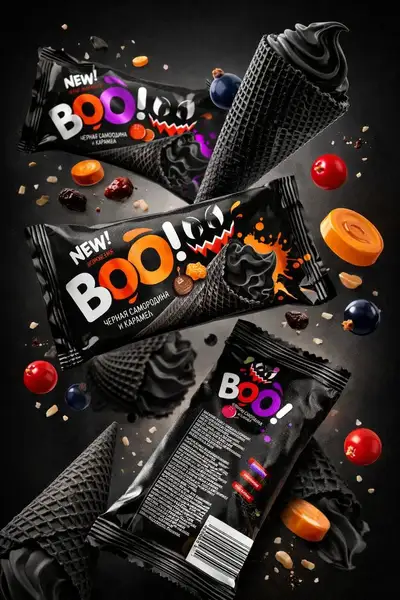Floating commercial product shot of a Cyrillic snack brand