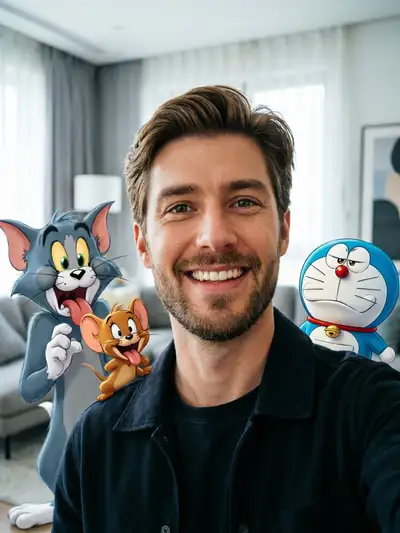 Realistic Selfie with Cartoon Characters