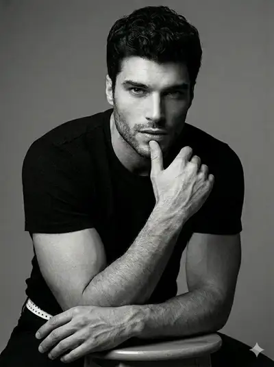 Black and white studio portrait of a confident man