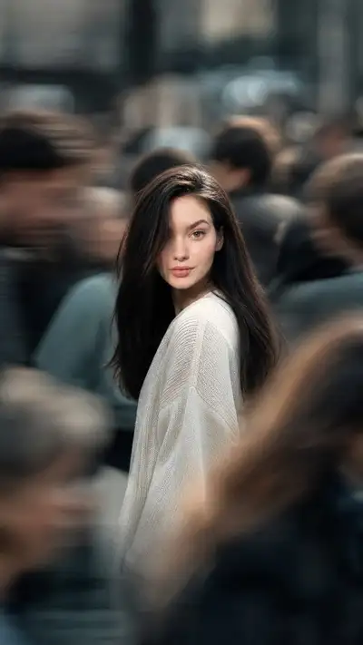 Cinematic urban romance still with a motion-blurred crowd