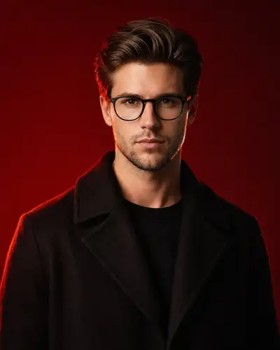 Retrato de estúdio cinematográfico com luz vermelha preservando a identidade exata