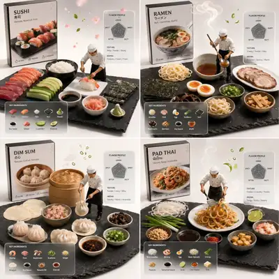 AR culinary deconstruction grid for famous Asian dishes