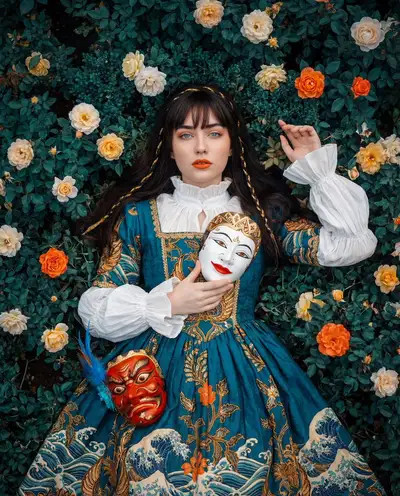 Cultural fusion portrait with Indonesian wayang masks