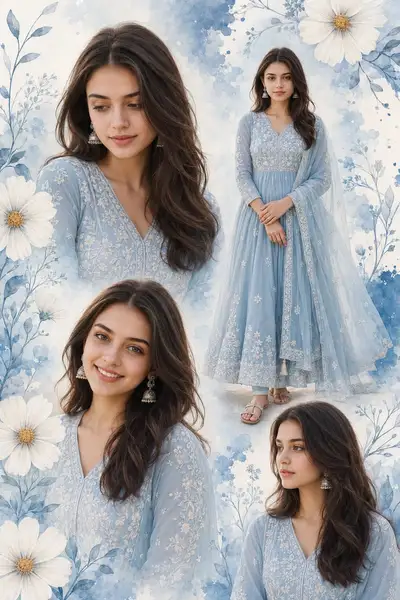 Watercolor floral poster of a woman in an Anarkali suit