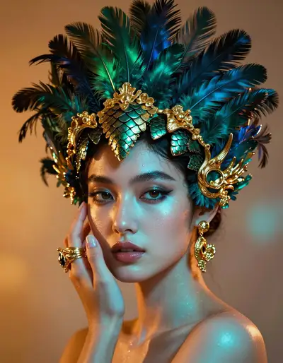 Avant-Garde Editorial Portrait with Iridescent Headdress