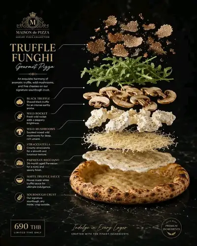 Dekonstruierte Trüffel-Pilz-Pizza in Exploded-View-Food-Fotografie