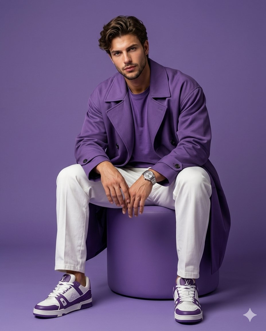 Gen-Z fashion editorial portrait on a purple ottoman